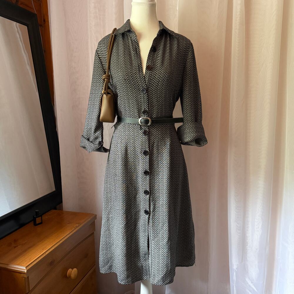 Adrianna Papell Gray Geometric Belted Midi Shirt Dress Size 8 Librarian Chic